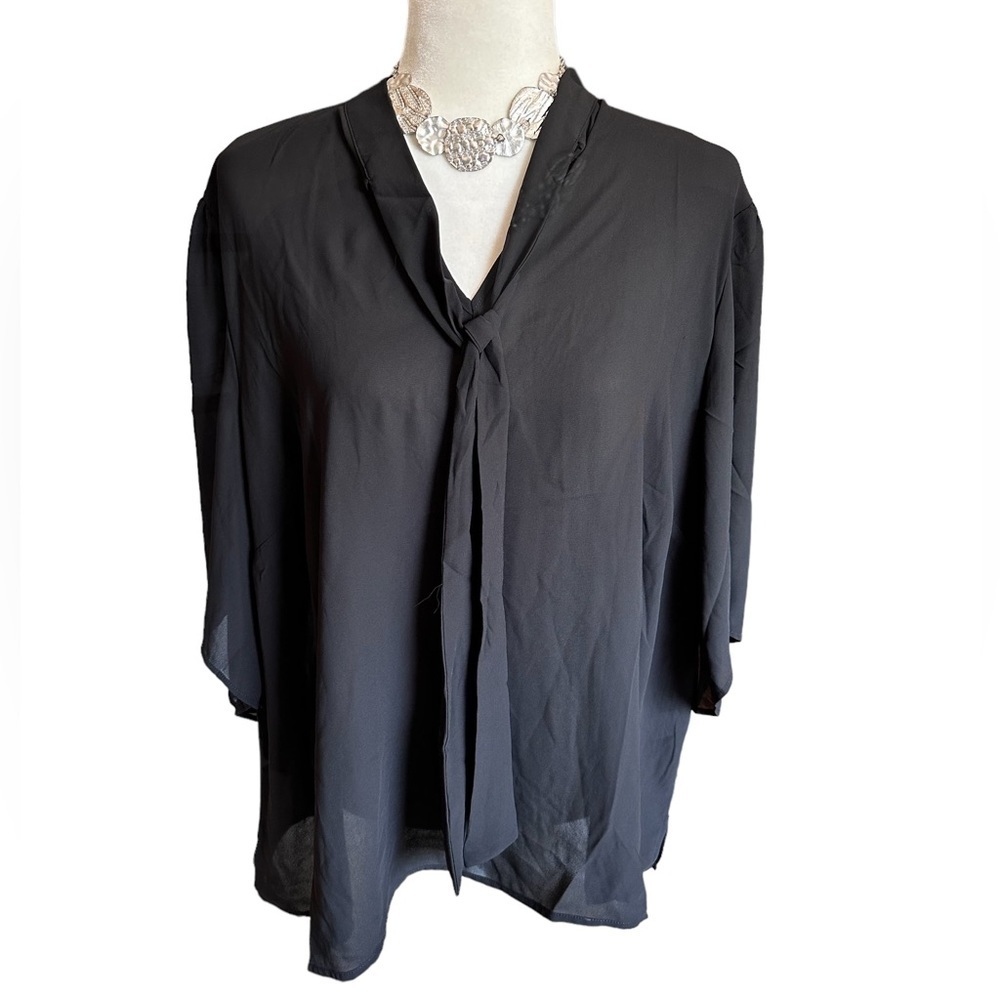 Eloquii Sheer Neck Tie Bell Sleeve Blouse